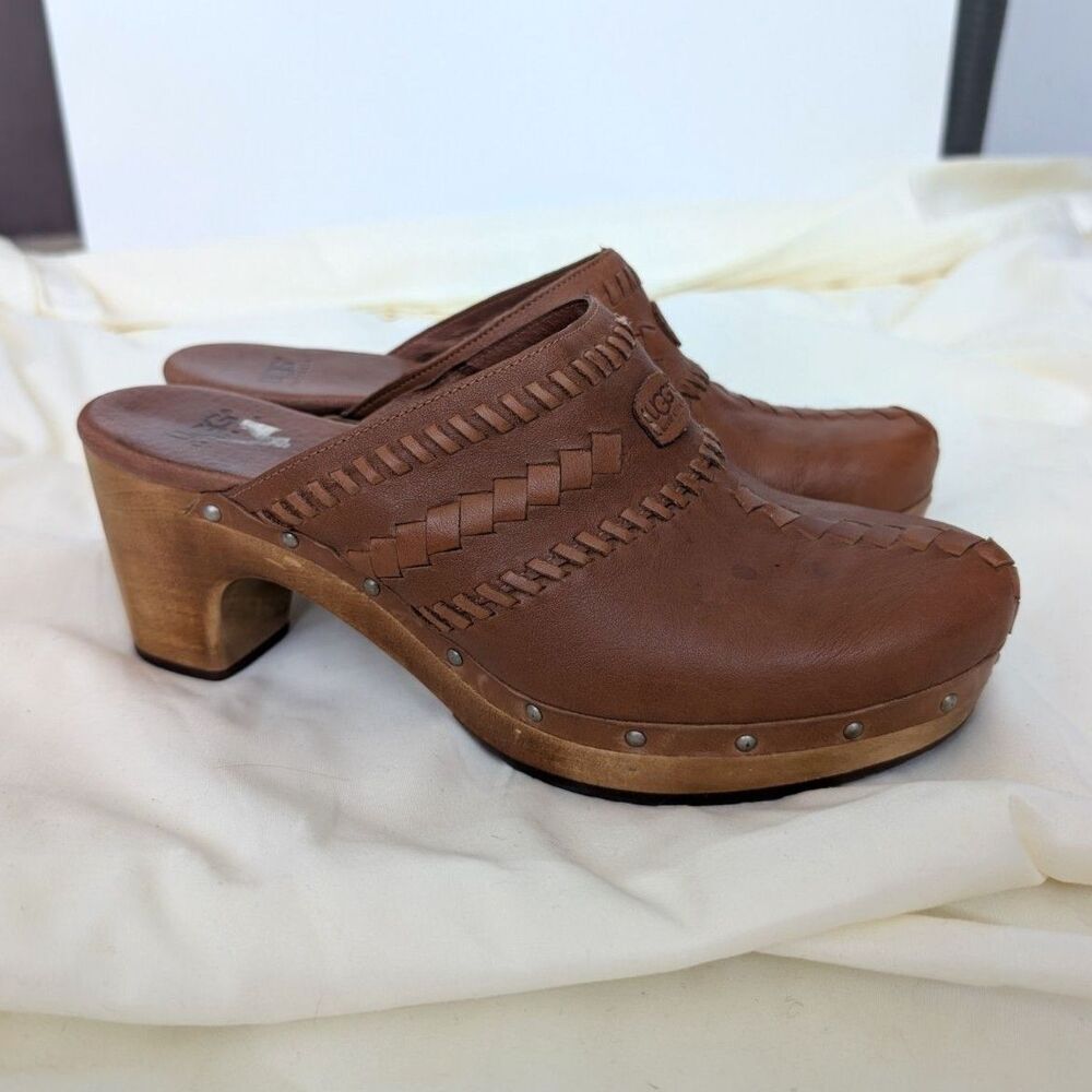 Ugg Vivica Brown Leather Genuine Sheepskin Wooden Clogs Sz 9 Style 1957